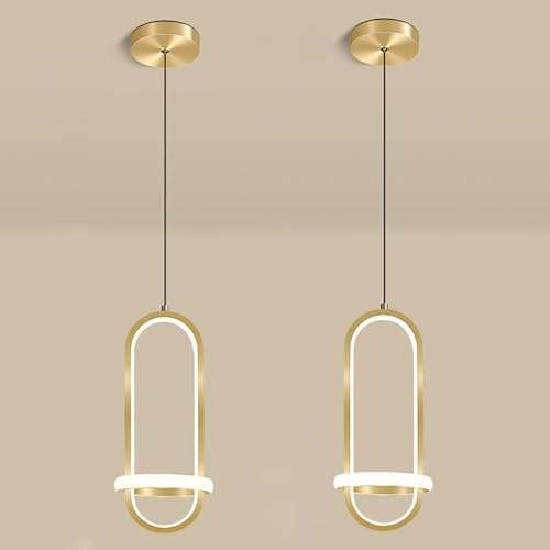 DLGLOLIN Set med 2 oval LED-pendellampa 23 W modern ljuskrona guld metalltaklampa, kreativ taklampa för kök, matsal, vardagsrum, sovrum, varmt ljus