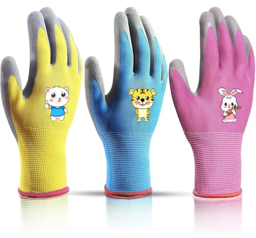 THQAE 3 Pares de Guantes de Jardinería para Niños, Guantes de Jardín para Niños a Prueba de Espinas y Transpirables, Guantes de Trabajo para Patio, Jardín, Actividades al Aire Libre, 2-5 años
