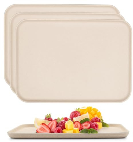Vyranut Lot de 4 plateaux de service rectangulaires en plastique pour cuisine, boissons, collations, thé, café, petit déjeuner, légers et durables (beige)