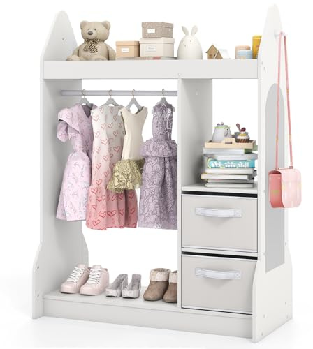 COSTWAY Armario de Almacenamiento para Niños con Espejo Acrílico, Perchero de Ropa, Armario de Madera para Niños con Estantes Abiertos, Cajas Plegables de Tela, Organizador para Ropa de Bebés (Blanco)