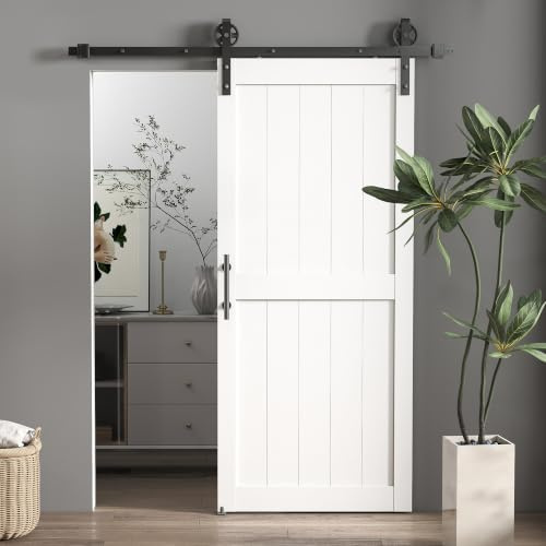HOMCOM 92 x 213 cm Sliding Barn Door with 152 cm Door Hardware Kit White | Industrial Handle, Upgraded Rollers, Floor Guide, Waterproof Plastic Surface, Pre-Drilled Easy Assembly