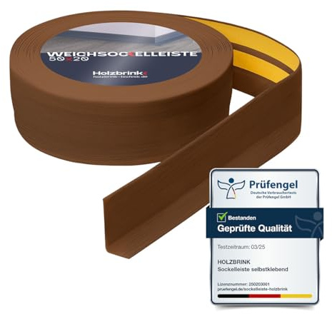 HOLZBRINK Weichsockelleiste selbstklebend PVC 50x20mm, 15 m | Winkelleiste für Küchenarbeitsplatte, Bodenbelag | Eckleiste selbstklebend | Farbe: Eiche Dunkel