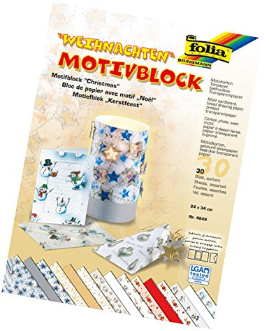 folia 4849 - Motivblock Weihnachten I,24 x 34 cm, 30 Blatt, sortiert, 10 x Motivkarton, 10 x bedrucktes Transparentpapier, 10 x Tonpapier, für vielfältige Bastelarbeiten