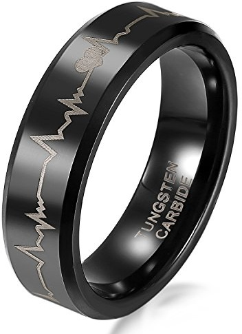 JewelryWe Schmuck Breit 6/8mm Wolfram Wolframcarbid Herren Damen Ring Band, Herzen & Herzschlag Partnerringe für Verlobung Hochzeitstag, Schwarz Größe 49 bis 78