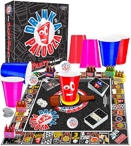 DRINK-A-PALOOZA Board Game: Fun Drinking Games for Adults & Game Night Party Games | Adult Games combo of Beer Pong + Flip Cup + Kings Cup Card Games + More!