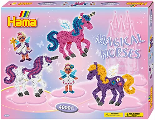 Hama Perlen 3138 Set Regalo Cavalli incantevoli con Circa 4.000 Perline da Stirare Midi Colorate con Diametro di 5 mm, Modelli e 2 placche per Perline, incl. Carta da Stiro