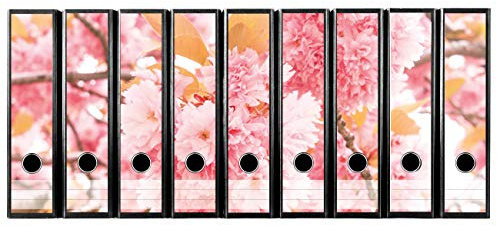 codiarts. Ordnerrücken selbstklebend | Etiketten Set für 9 breite Ordner | gestantzt mit Griffloch | Rückenschild breit | zarte rosa Blüten Kirschblüten