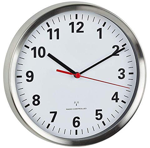TFA Dostmann Horloge Murale Radio-piloté, 60.3529.02, avec Mouvement Sweep Silencieux, Verre, Horloge silencieuse, Horloge Murale analogique, Argente/Blanc