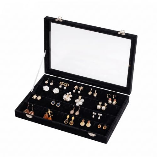 Frebeauty 64-Fächer Ohrring-Organizer mit Glasdeckel und Samteinsatz | Samtfutter, Staubgeschützt, Abschließbar, Schmuck Organizer Für Schubladen, Ohrstecker Aufbewahrung, Glasdeckel, Elegant