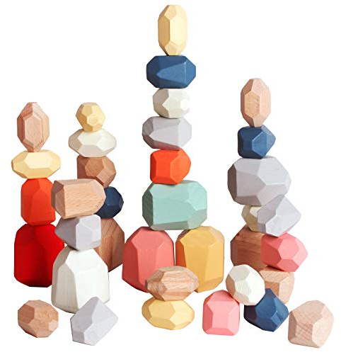BESTAMTOY 36 PCS Wooden Sorting Stacking Rocks Stones,Sensory Toddler Toys Learning Montessori Toys, Building Blocks Game for Kids 3 4 5 6 Years Boy and Girl Birthday Gifts for Kids