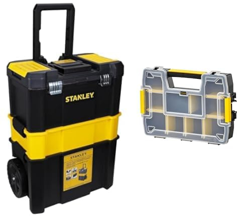 STANLEY Essential Rolling Workshop Toolbox, 3 Tier Stackable Units, STST1-80151 & STST1-70720 Sortmaster Organizer Stackable, Multi-Colour