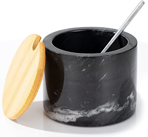 NHKRTE Marble Salt Cellar with Lid & Spoon, 11oz Salt & Pepper Spice Box, Handcrafted from Natural Marble, Smooth Inside (Black)
