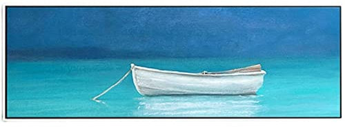 LCDIUDIU Handgemalte Acrylbilder, Blaue Textur See Boot Landschaft Moderne Abstrakte Kunstwerke Handgemalte Ölgemälde Auf Leinwand Wandkunst Für Wohnzimmer Schlafzimmer Büro Wohnkultur,100X200Cm(39