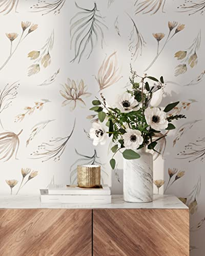Coloritto Modern Botanical Wallpaper | Removable Self Adhesive Watercolor Wallpaper | Neutral Floral Peel and Stick (Sample 12 W x 8 H)