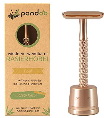 pandoo Rasoio con supporto – Metallo – Zero-Waste – Senza plastica – Rasoio di sicurezza – Rasoio a umido – Uomini e donne (oro)