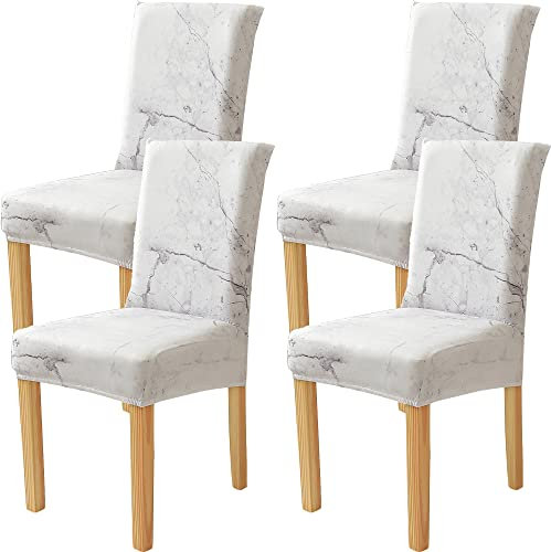 Xundefeng Dining Chair Covers Set of 4 Stretch Slipcovers Elastic Chairs Cover for Kitchen Dining Room Marble Off White