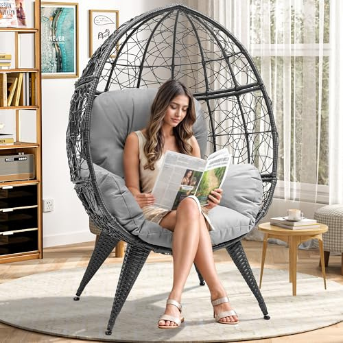 YITAHOME Egg Chair Wicker Outdoor Indoor Oversized Large Lounger with Stand Adjustable Leveling Feet Cushion Egg Basket Chair 350lbs Capacity for Patio, Garden Backyard Balcony, Beige
