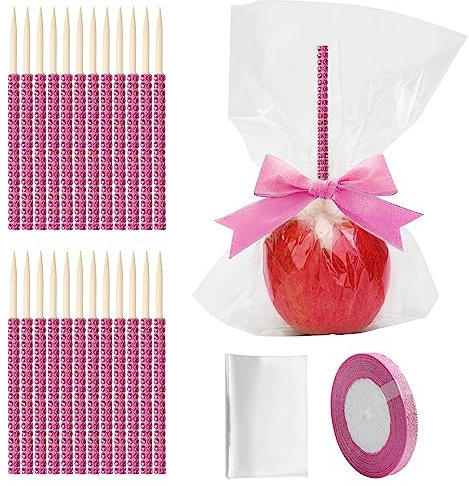 48 + 1xSüßigkeiten-Apfel-Bambus-Stick-Set, Anglecai 24P Bling Stick für Apfel-Strass-Holzspieße, mit 24P Beuteln, 1P 22 Meter Glitzerband, Lutscher, knusprige Leckereien (rosa)