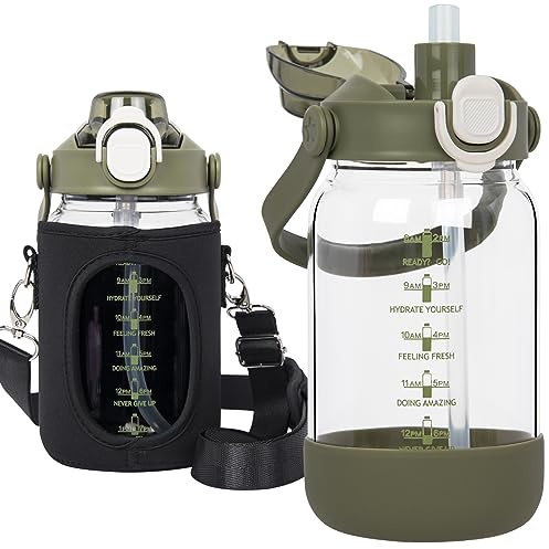 Seekua 1l Trinkflasche Glas Flasche mit Strohhalm & Zeitmarkierung, 1 liter Wasserflasche mit Früchteinsatz & Schutzhülle für Smoothie, Früchte, Kohlensäure geeignet