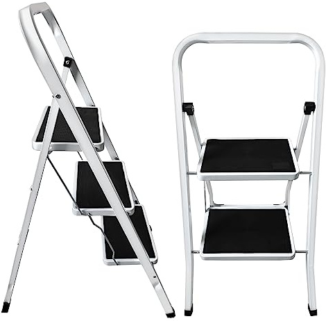 2 3 4 Step Ladder Folding Step Stool with Handrails, Kitchen Steps Fold Away Stepladders Multi-Use Metal Ladder with Wide Anti-Slip Pedal, for Household, Kitchen, Office