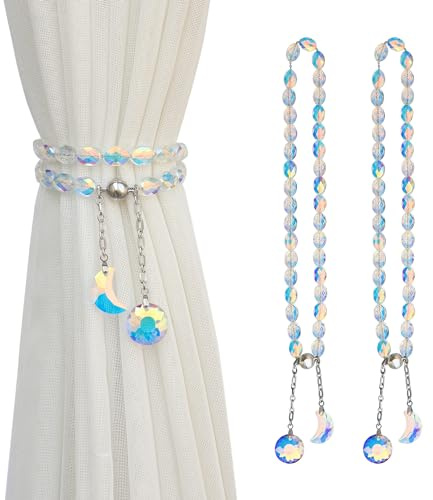 PEDOBO Magnetic Curtain Tiebacks, 2 Pack Crystal Beaded Sun & Moon Pendants Sheers/Draperies Holdbacks for Window Home Office Decor (Crystal AB)