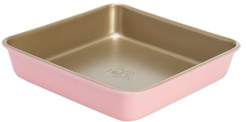 Paris Hilton Nonstick Carbon Steel Bakeware Collection, 9-Inch Square Cake Pan, Dishwasher Safe, Made Without PFOA and PFAS, Pink Champagne Two-Tone