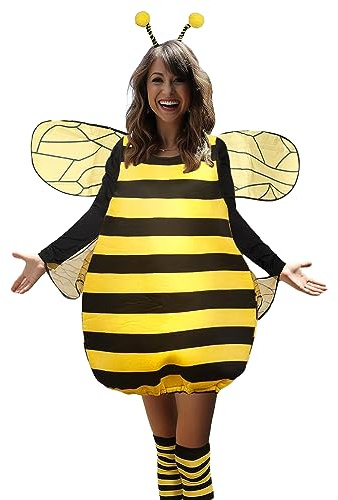 XIXIMAON Déguisement Abeille Adulte Enfant Costume d'abeille 4 Pièces Robe Rayée + Ailes + Serre-Tête+ Bas Costumes Cosplay pour Halloween Carnaval Fête