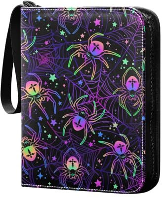 Halloween Spiders on Web Sammelkartenalbum 4 Taschen Kartenordner 50 Seiten 400 Karten PU Reißverschluss Kartenbinder Aufbewahrungshalter für Sportspielkarte
