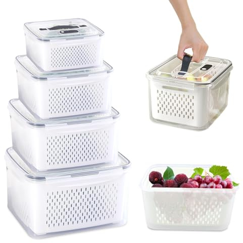 YapitHome 4 Stück Frischhalteboxen mit Abtropfgitter,Obst Gemüse Salat Aufbewahrung,Stapelbare Küche Aufbewahrungsbox Set für Küche,Salat Beeren Gemüse Aufbewahrung