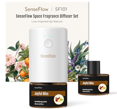 SenseFlow Aroma Diffuser für Ätherische Öle SF101, Wasserloser Ultraschall Duftstecker Raumduft, 100% pflanzlich Lufterfrischer, 120-Tage Aroma für Zuhause - bis zu 100 m² - Freudige Glückseligkeit