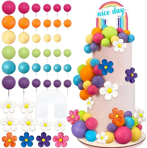 46 PCS Acrylic Rainbow Cake Toppers Colorful Balls Cake Decorations Boho Daisy Flower Cake Toppers for Wedding Baby Shower Birthday Party Supplies (Hot Pink Orange Yellow Green Blue and Purple)