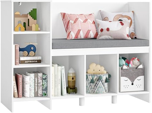 HOCSOK Kinderregal, 110 cm Spielzeugregal Kinderzimmer mit Kissen und 6 Ablagefächern, Kindersitzbank, Spielzeugaufbewahrung für Kinder, 80,5×40×110cm