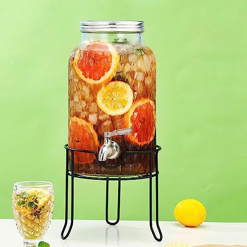 SFSLBFB Getränkespender aus Glas, runder Getränkespender, Eisgetränkespender, mit Edelstahlzapfhahn und Metallständer, 5,5-l-Getränkespender für Partys, Verwendung Wasserspender B