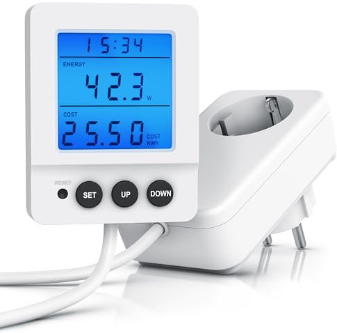 CSL - Energiekostenmessgerät Steckdsose – Strommessgerät digital – kabelgebundenes Display - LED beleuchtet - Stromzähler – 3 Tasten – Überlastanzeige – 3680 Watt