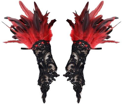 Chyuxinda 1 Paar Damen Feder Handschuhe Gothic Lace Netzhandschuhe Fingerlose Hexenhandschuhe für Halloween Karneval Fasching Party Hochzeit Cosplay (rot, Einheitsgröße)