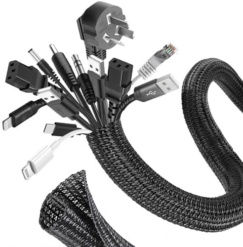 Romon 6m Guaina Cavi Intrecciata, 16-25 mm Flessibile Self-closing Raccogli Cavis, Tagliabile Nascondi Cable Management, Espandibile Copri Cables Elettrici per TV Computer Ufficio Casa Auto- Nero