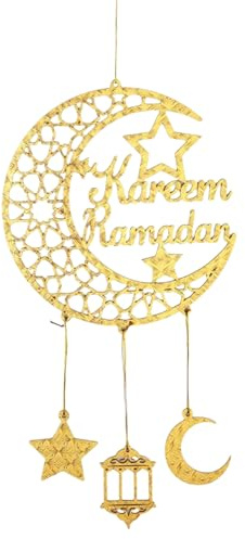 Ramadan Mubarak Dekoration Holzanhänger,1 Stück Stern Mond Laterne Eid Mubarak Türschild Holzschilder für Muslim Islam Ramadan Party Dekorationen (Gold Buchstaben)