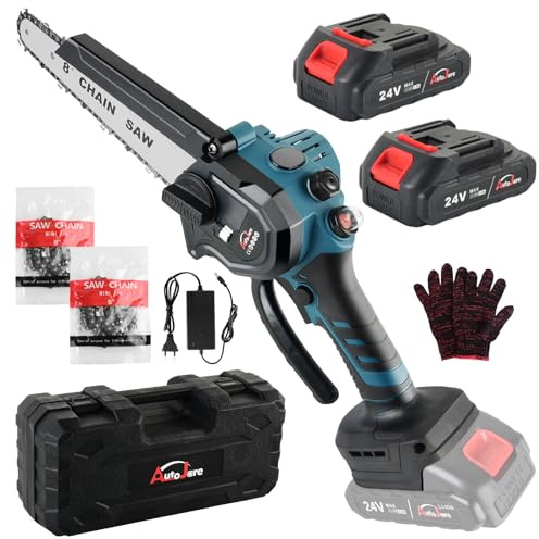 AUTOJARE Mini Kettensäge 8 zoll Akku Kettensäge mit Automatischer Öler 2 Batterien und 2 Ketten 1000W Handkettensäge 24V Tragbare Elektro Säge zum Schneiden von Zweigen und Holz