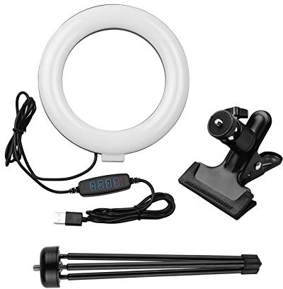 Qukaim Anillo de luz de video para selfie de 6.3 pulgadas, 2700K-5500K, montaje de abrazadera, trípode de mesa, 3 colores regulables, 11 niveles de brillo, rotación de 360 grados para maquillaje