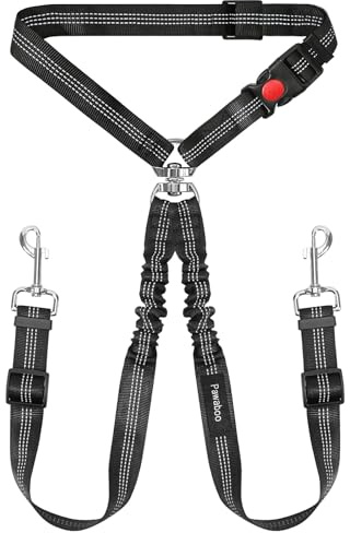 Pawaboo Dog Seat Belt for Car, Pet Car Seatbelt Headrest with Dual Leash, 360° No Tangle Dogs Cars Tethers for 2 Dogs with Shockproof Elastic Bungee, Adjustable Dog Cars Harness with Reflective Strips