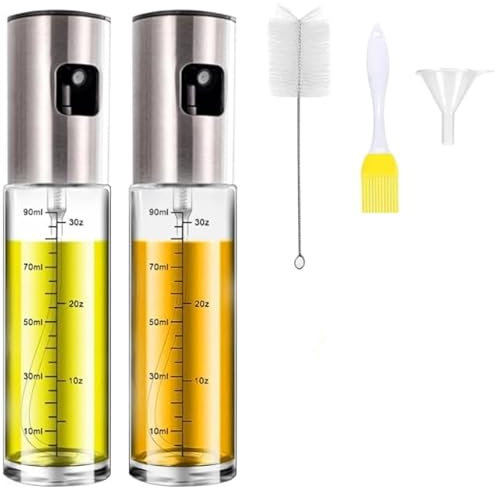CNMTCCO Ölsprüher für Speiseöl,100ml Öl Sprühflasche aus Edelstahl und Glas ，Multifunktionaler Ölspray mit Skala & Trichter，für Heißluftfritteuse, Salat, Grillen, Backen In der Küche(2 Stück)