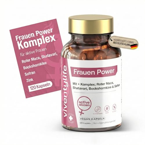ViventyLife Täglicher Vitaminbedarf für Frauen, Roter Maca Komplex mit Magnesium, Shatavari, Safran, Bockshornklee, Tribulus, Zink, Piperin, Vitamin B6 & D3-120 Vegan Kapseln