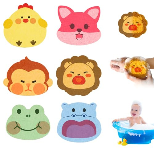 pilyero 6 Pièce Eponge Bebe Bain, Bain Moussant Enfant, Fleur de Douche, Pulpe de Bois Naturel en Coton, Sûr et Sécurisé, Une Variété de Modelage de Petits Animaux Pour Faire Aimer le Bain à Bébé