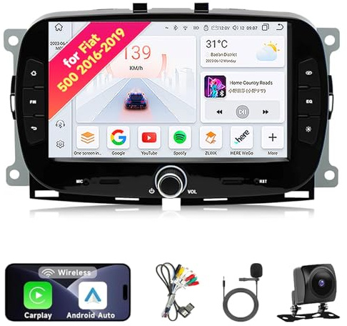 AZUIQiMeng Android 13 Car Radio Stereo for Fiat 500 2016-2019 - 7 IPS Touch Screen, Upgrade Dash Kit with CarPlay & Android Auto, GPS Navigation, Bluetooth 5.0, WiFi, SWC, 5G, DSP(4Core 2+32GB)