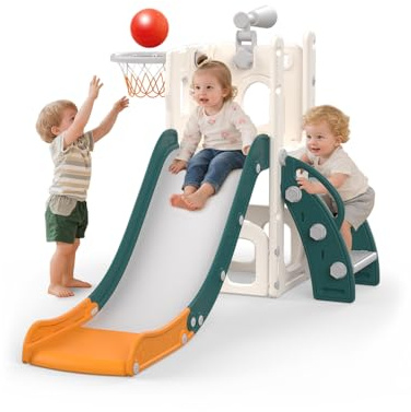 Hominewti Scivolo per Bambini, 5 in 1 Scivolo per Interni ed Esterni, Parco Giochi per Bambini con Canestro da Basket, Spazio di Archiviazione e Telescopio, Parco Giochi per Bambini da 1 Anno, Verde