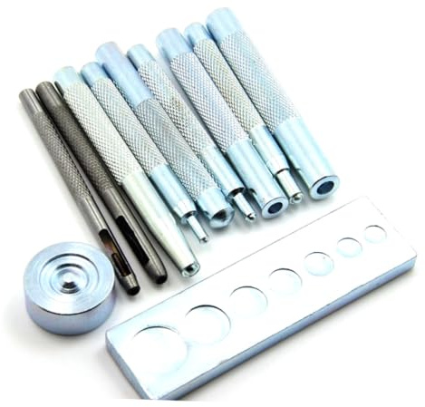 LIFKOME 11 Piezas Kit Herramienta Remachadora con Base Punzones para Perforar y Colocar Botones Presión Mango para Agarre Metal Resistente para Manualidades DIY