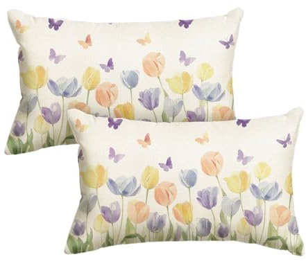 Artoid Mode Tulpen Schmetterling Frühling Kissenbezüge 2er Set, 30x50 cm Sommer Saisonnal Zierkissenbezug Cushion Cover Couch Deko