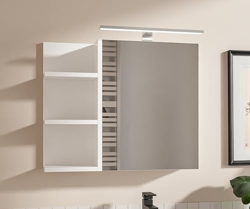 HAJDUK FURNITURE Weiß Badezimmerschrank mit LED Beleuchtung, B:60 x H:50 cm Spiegelschrank Bad 1 Tür Hängeschrank Badezimmer Griffloser Öffnung Ablagen Links