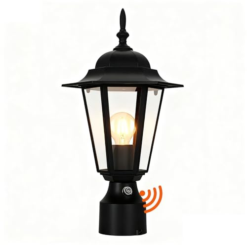 15 Dusk to Dawn Outdoor Post Light, Modern Black Outdoor Lamp Post Light Fixture, Lamp Posts Exterior Lighting Pole Lantern for Outside Porch Garage Street, Waterproof Aluminum & Glass, 1 Pack, E26