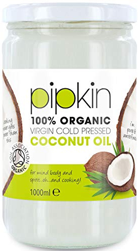Pipkin Huile de Coco 100% Biologique et Pure 1L – Naturelle, Non Raffinée et Pressée à Froid, Multiusage pour Cuisine, Cheveux, Peau, Corps, Beauté et Soin Quotidien, Sans OGM ni Additifs